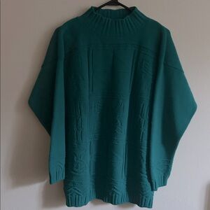 Vintage 80's Pattern Textured Acrylic Green Mock Turtleneck Knit Sweater. Size:M